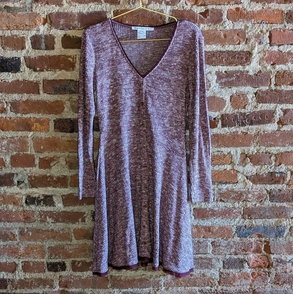 American Rag Medium Cozy‎ Heathered Burgundy Long Sleeve V-Neck Sweater Dress